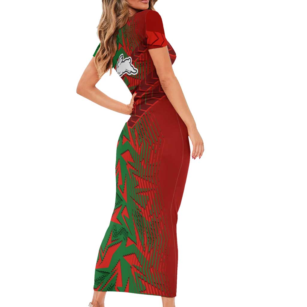 South Sydney Rabbitohs Rugby Short Sleeve Bodycon Dress Fierce Mascot Geometric Tribal Art
