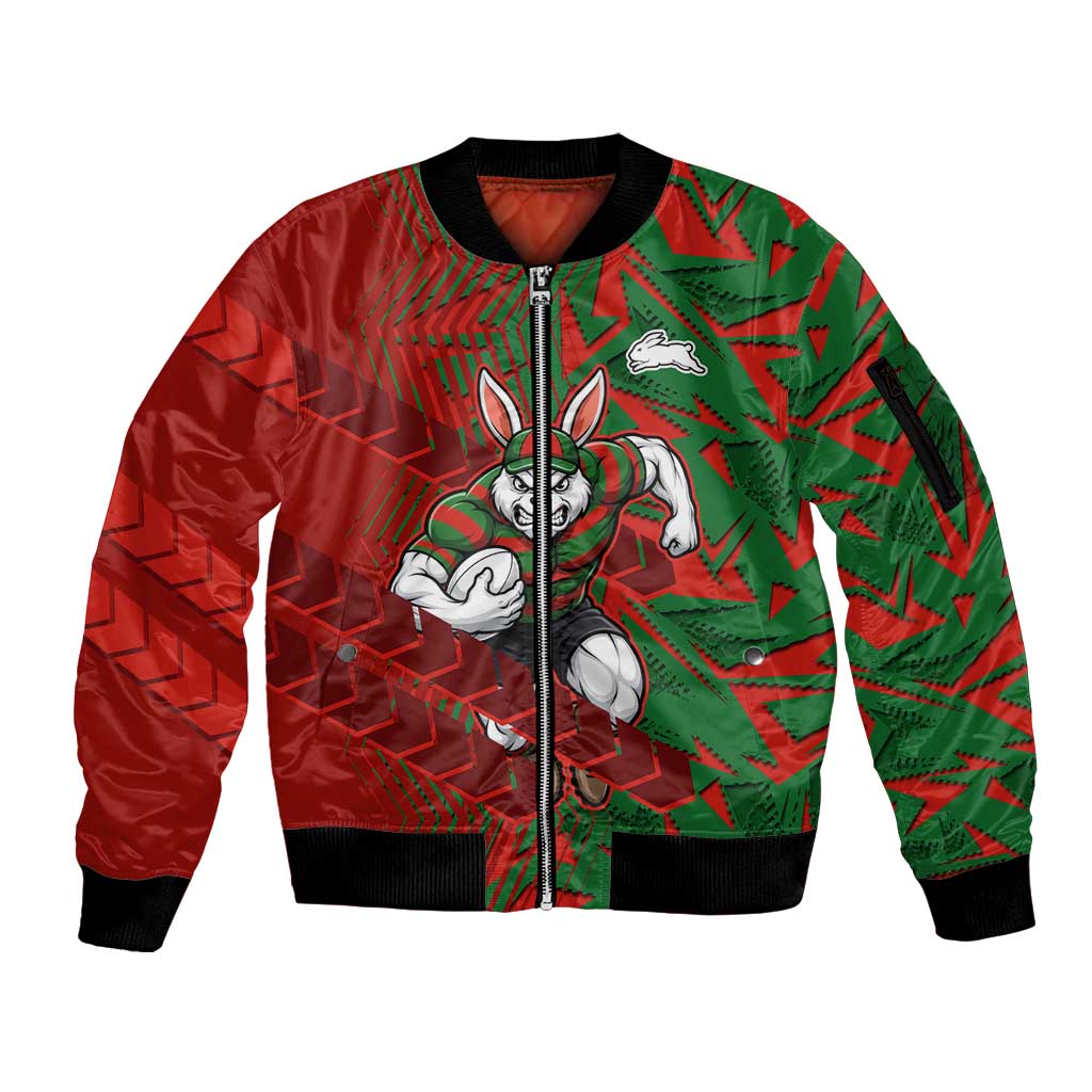 South Sydney Rabbitohs Rugby Sleeve Zip Bomber Jacket Fierce Mascot Geometric Tribal Art