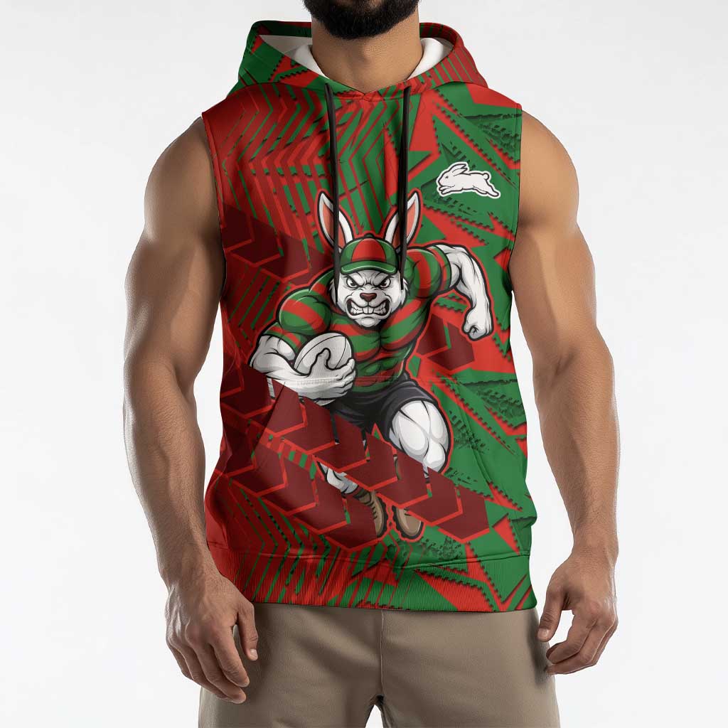South Sydney Rabbitohs Rugby Sleeveless Hoodie Fierce Mascot Geometric Tribal Art