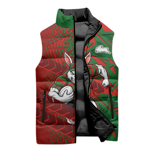 South Sydney Rabbitohs Rugby Sleeveless Puffer Jacket Fierce Mascot Geometric Tribal Art
