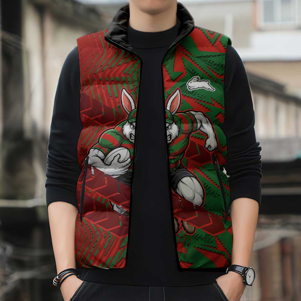 South Sydney Rabbitohs Rugby Sleeveless Puffer Jacket Fierce Mascot Geometric Tribal Art