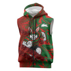 South Sydney Rabbitohs Rugby Sleeveless Zip Hoodie Fierce Mascot Geometric Tribal Art