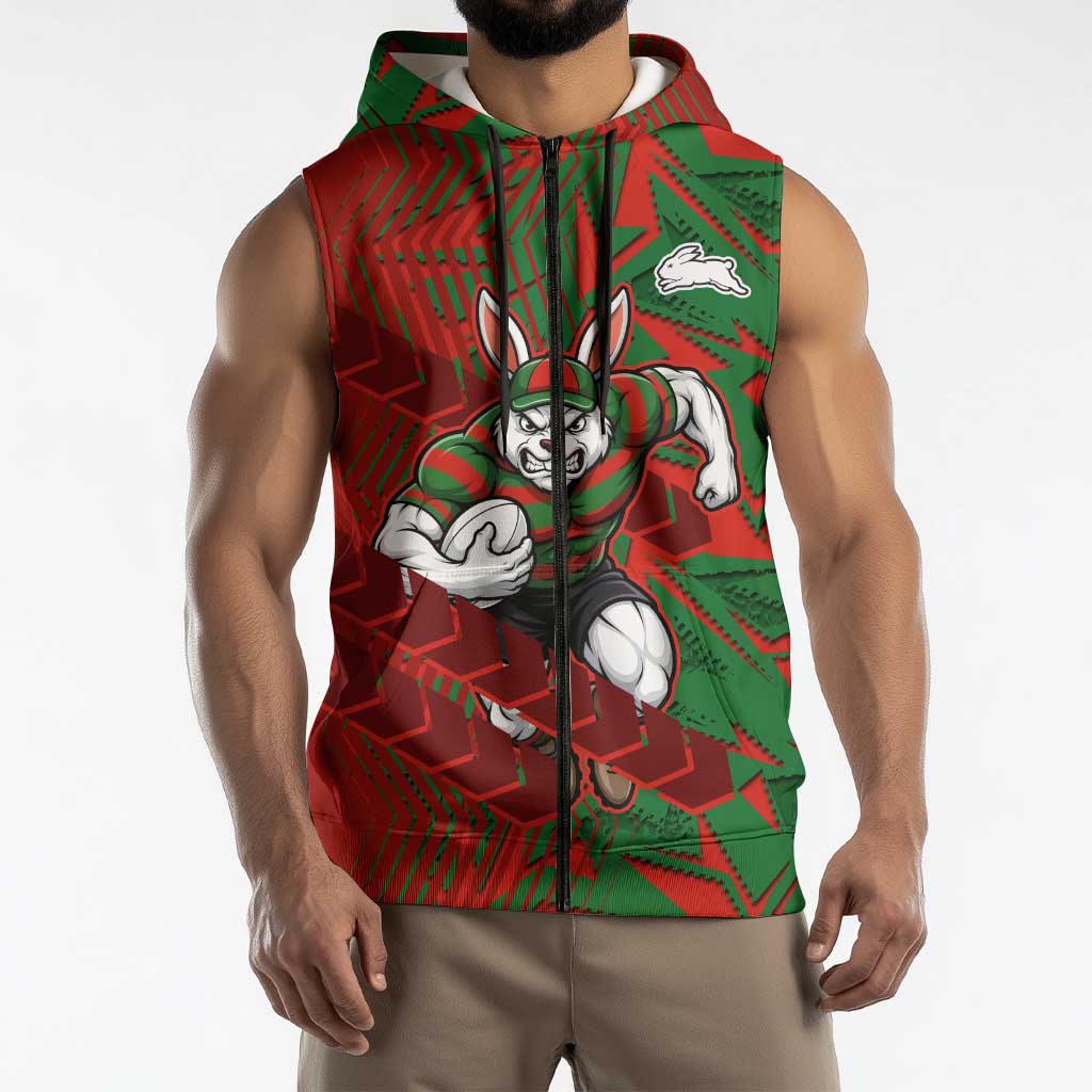 South Sydney Rabbitohs Rugby Sleeveless Zip Hoodie Fierce Mascot Geometric Tribal Art