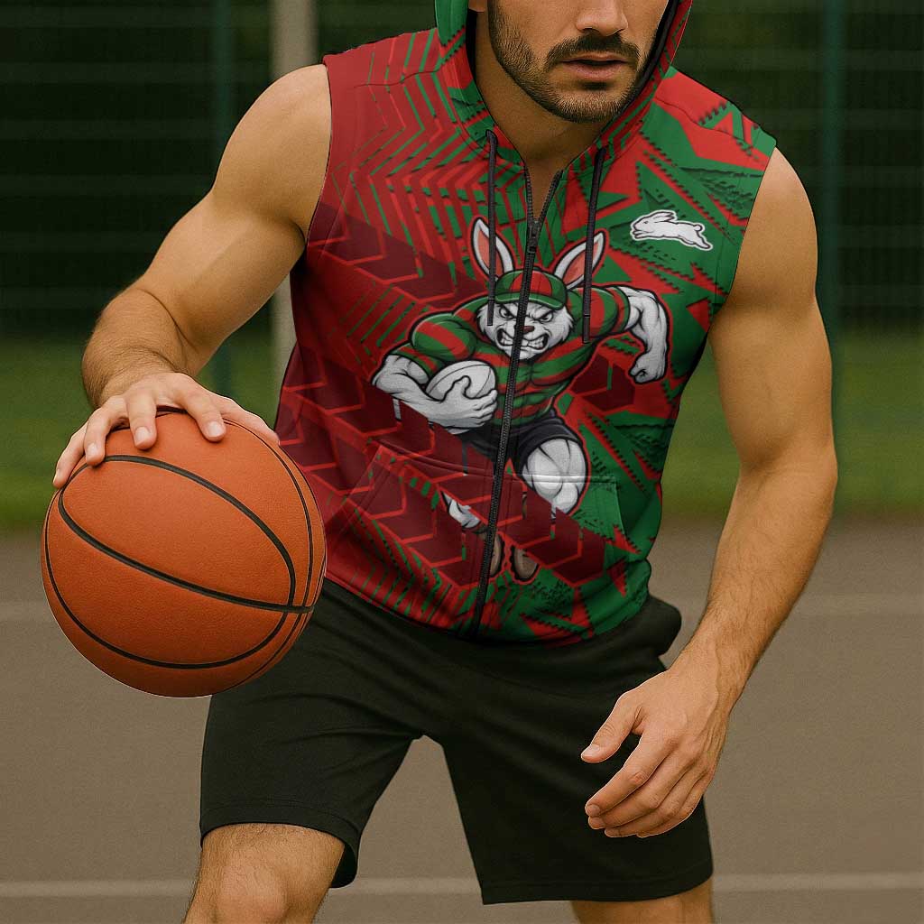 South Sydney Rabbitohs Rugby Sleeveless Zip Hoodie Fierce Mascot Geometric Tribal Art