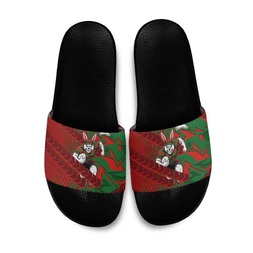 South Sydney Rabbitohs Rugby Slide Sandals Fierce Mascot Geometric Tribal Art