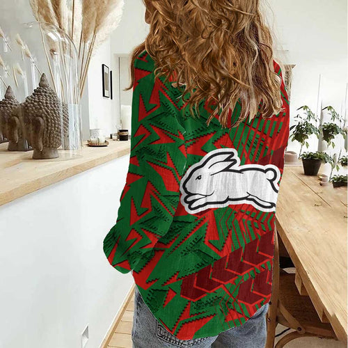 South Sydney Rabbitohs Rugby Women Casual Shirt Fierce Mascot Geometric Tribal Art