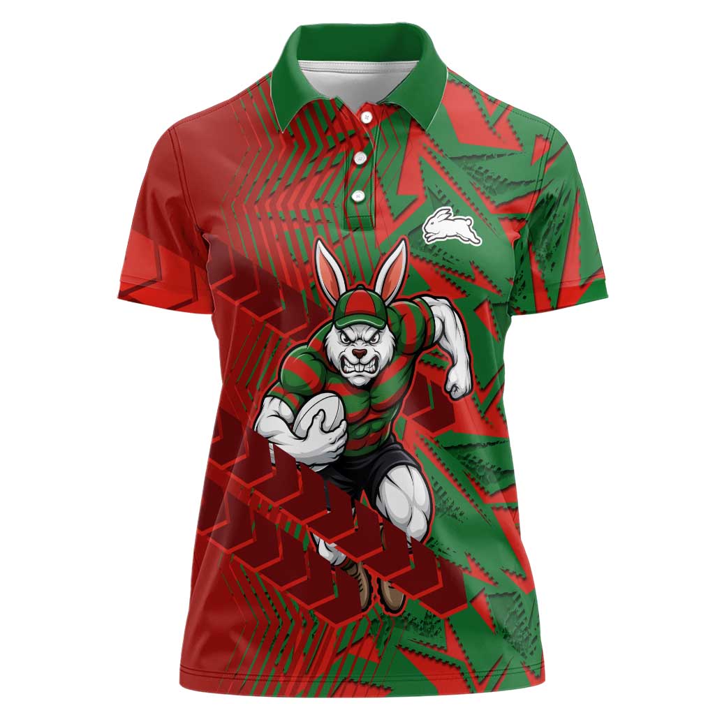 South Sydney Rabbitohs Rugby Women Polo Shirt Fierce Mascot Geometric Tribal Art