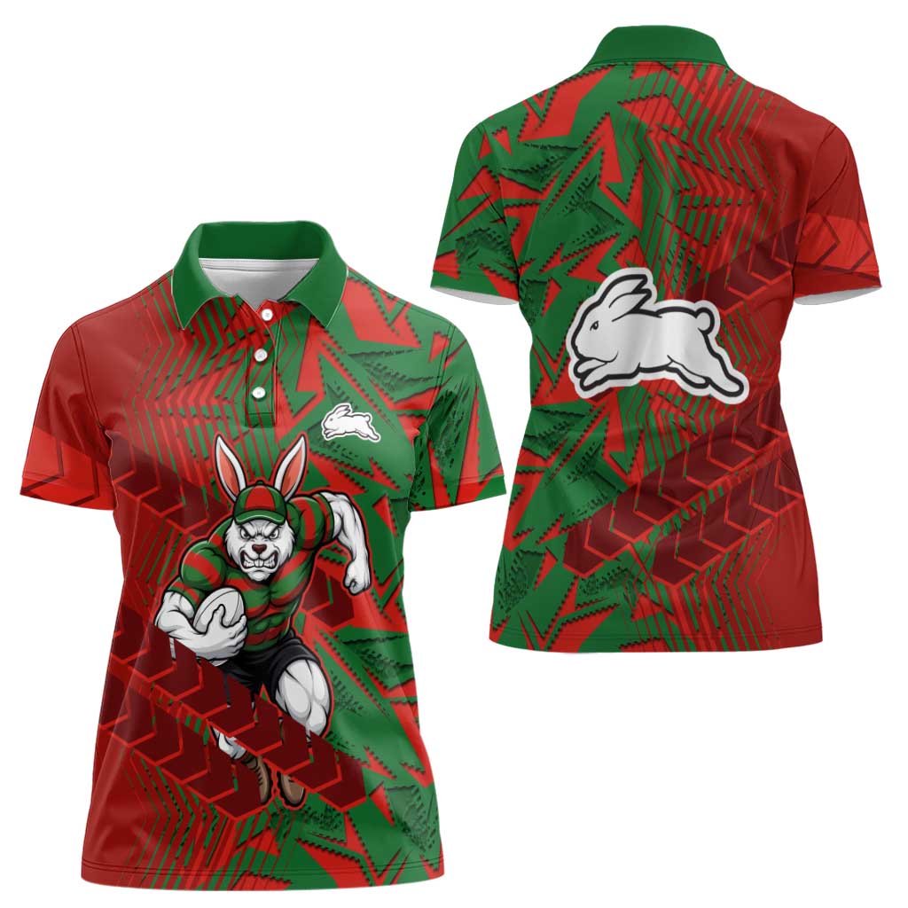 South Sydney Rabbitohs Rugby Women Polo Shirt Fierce Mascot Geometric Tribal Art