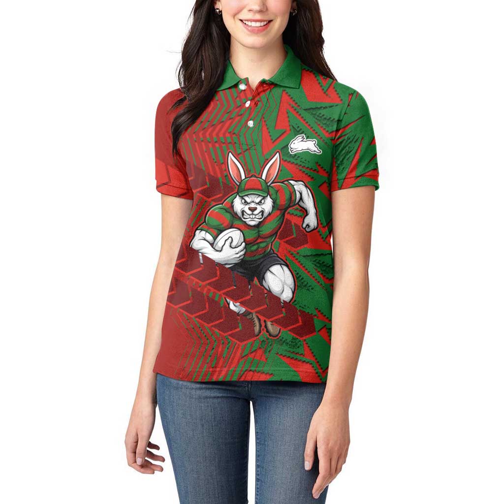 South Sydney Rabbitohs Rugby Women Polo Shirt Fierce Mascot Geometric Tribal Art