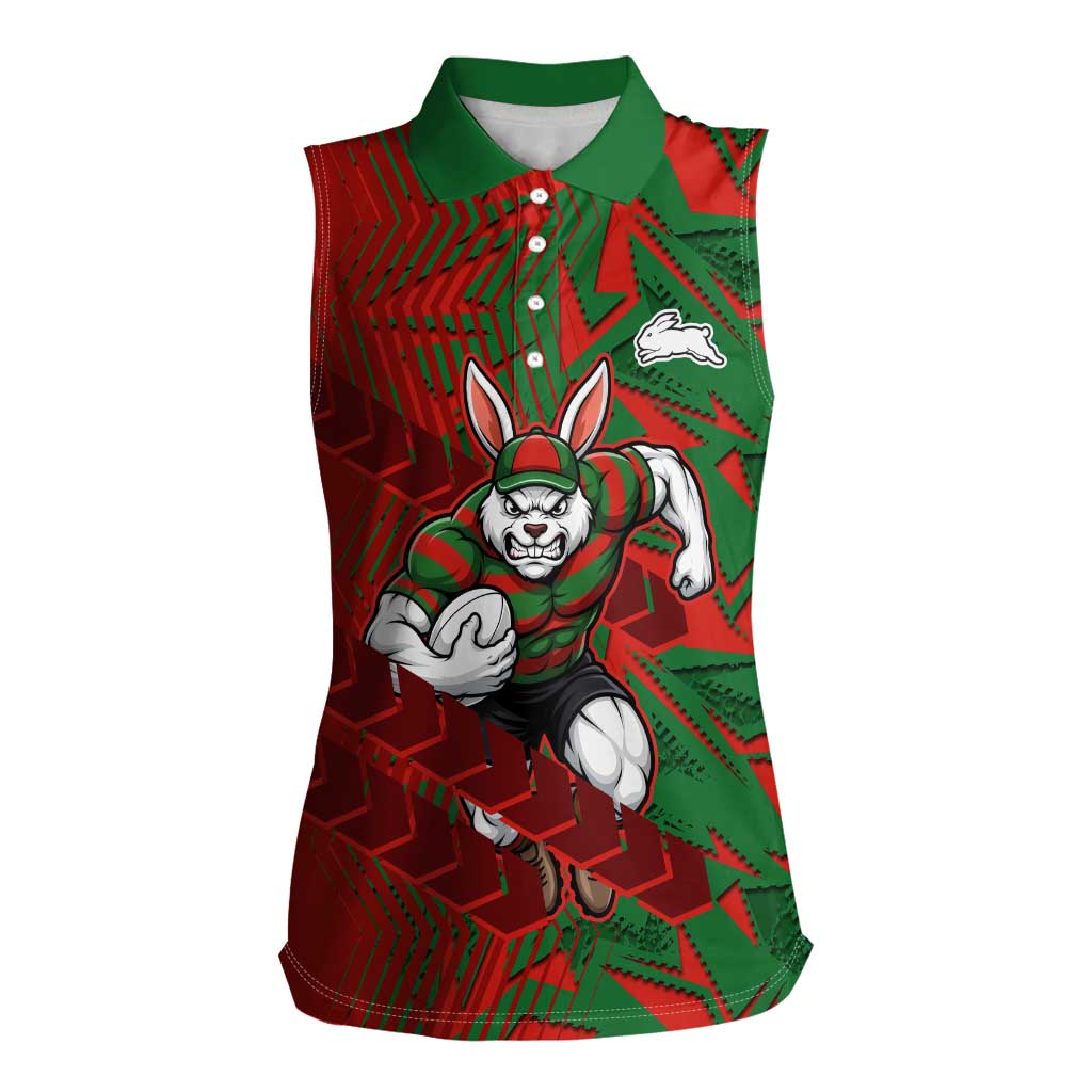 South Sydney Rabbitohs Rugby Women Sleeveless Polo Shirt Fierce Mascot Geometric Tribal Art