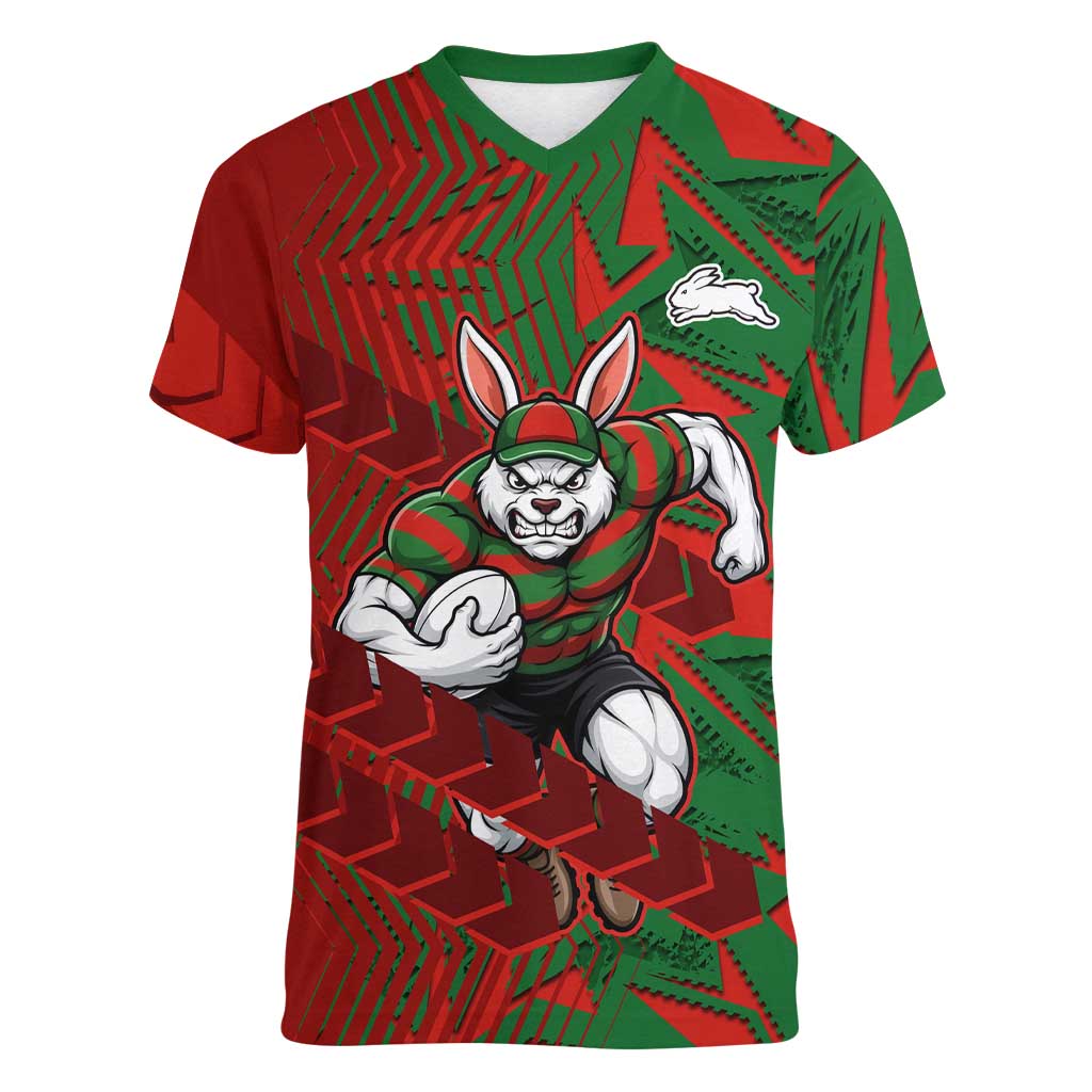 South Sydney Rabbitohs Rugby Women V-Neck T-Shirt Fierce Mascot Geometric Tribal Art