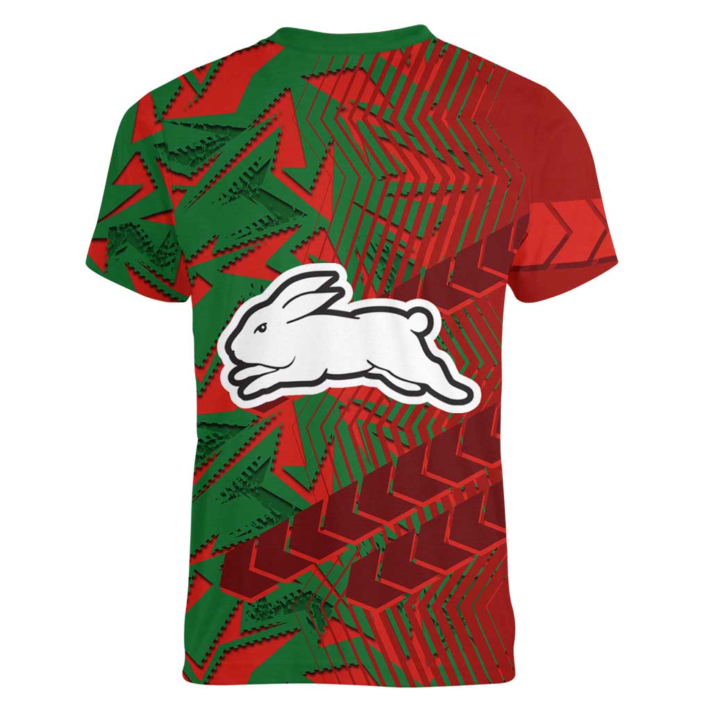 South Sydney Rabbitohs Rugby Women V-Neck T-Shirt Fierce Mascot Geometric Tribal Art