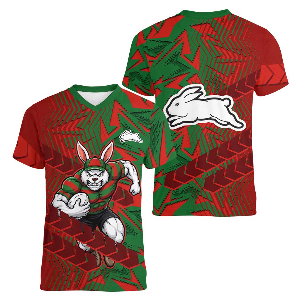 South Sydney Rabbitohs Rugby Women V-Neck T-Shirt Fierce Mascot Geometric Tribal Art