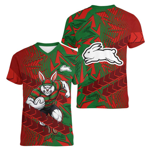 South Sydney Rabbitohs Rugby Women V-Neck T-Shirt Fierce Mascot Geometric Tribal Art
