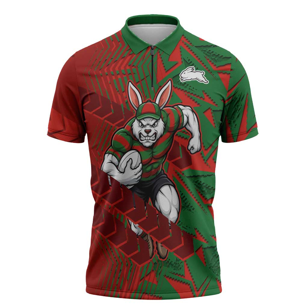 South Sydney Rabbitohs Rugby Zipper Polo Shirt Fierce Mascot Geometric Tribal Art