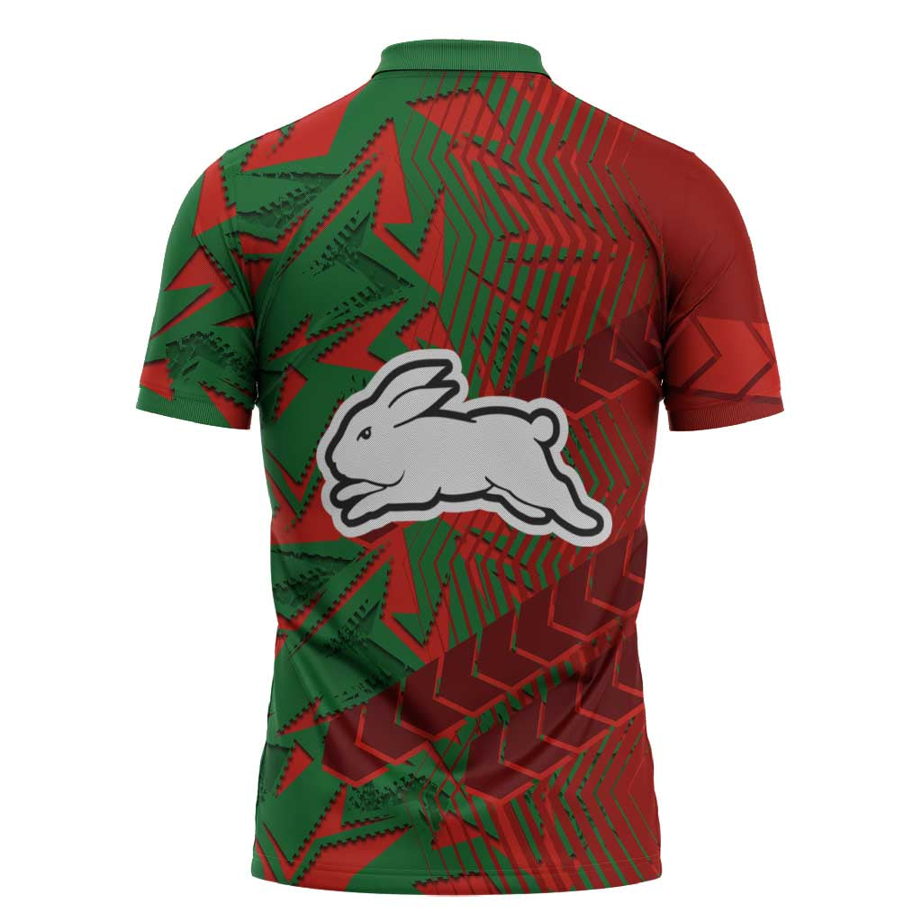 South Sydney Rabbitohs Rugby Zipper Polo Shirt Fierce Mascot Geometric Tribal Art
