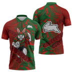 South Sydney Rabbitohs Rugby Zipper Polo Shirt Fierce Mascot Geometric Tribal Art