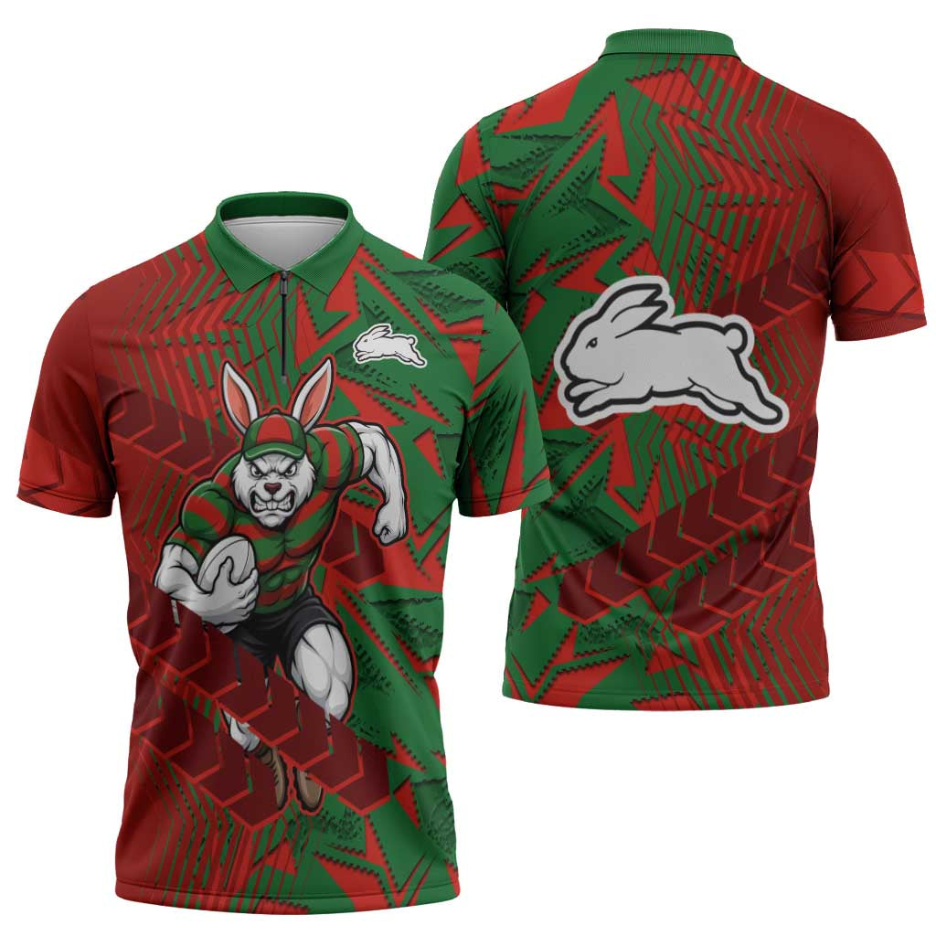 South Sydney Rabbitohs Rugby Zipper Polo Shirt Fierce Mascot Geometric Tribal Art