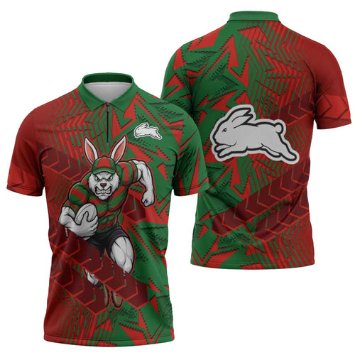 South Sydney Rabbitohs Rugby Zipper Polo Shirt Fierce Mascot Geometric Tribal Art