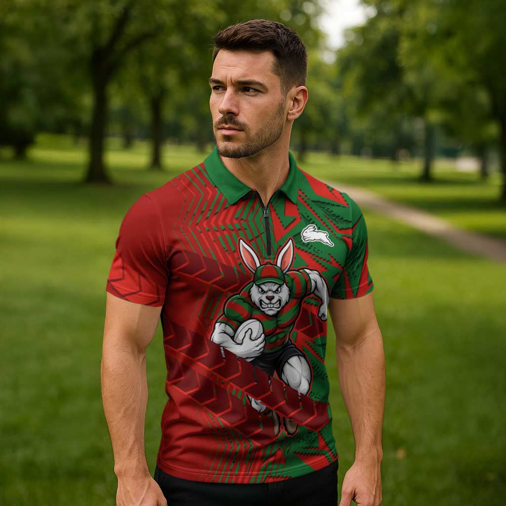South Sydney Rabbitohs Rugby Zipper Polo Shirt Fierce Mascot Geometric Tribal Art