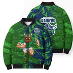 Canberra Raiders Rugby Bomber Puffer Jacket Fierce Mascot Geometric Tribal Art