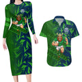 Canberra Raiders Rugby Couples Matching Long Sleeve Bodycon Dress and Hawaiian Shirt Fierce Mascot Geometric Tribal Art