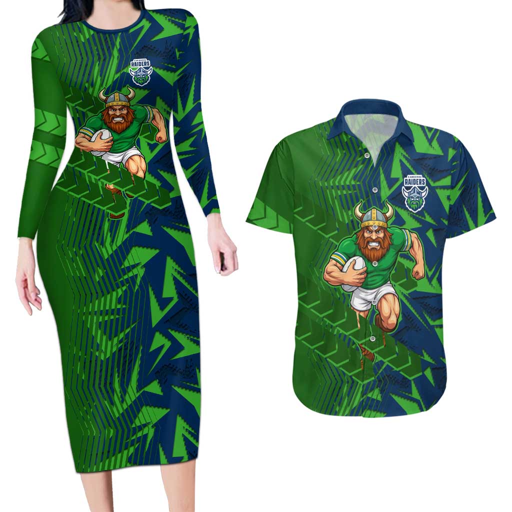 Canberra Raiders Rugby Couples Matching Long Sleeve Bodycon Dress and Hawaiian Shirt Fierce Mascot Geometric Tribal Art
