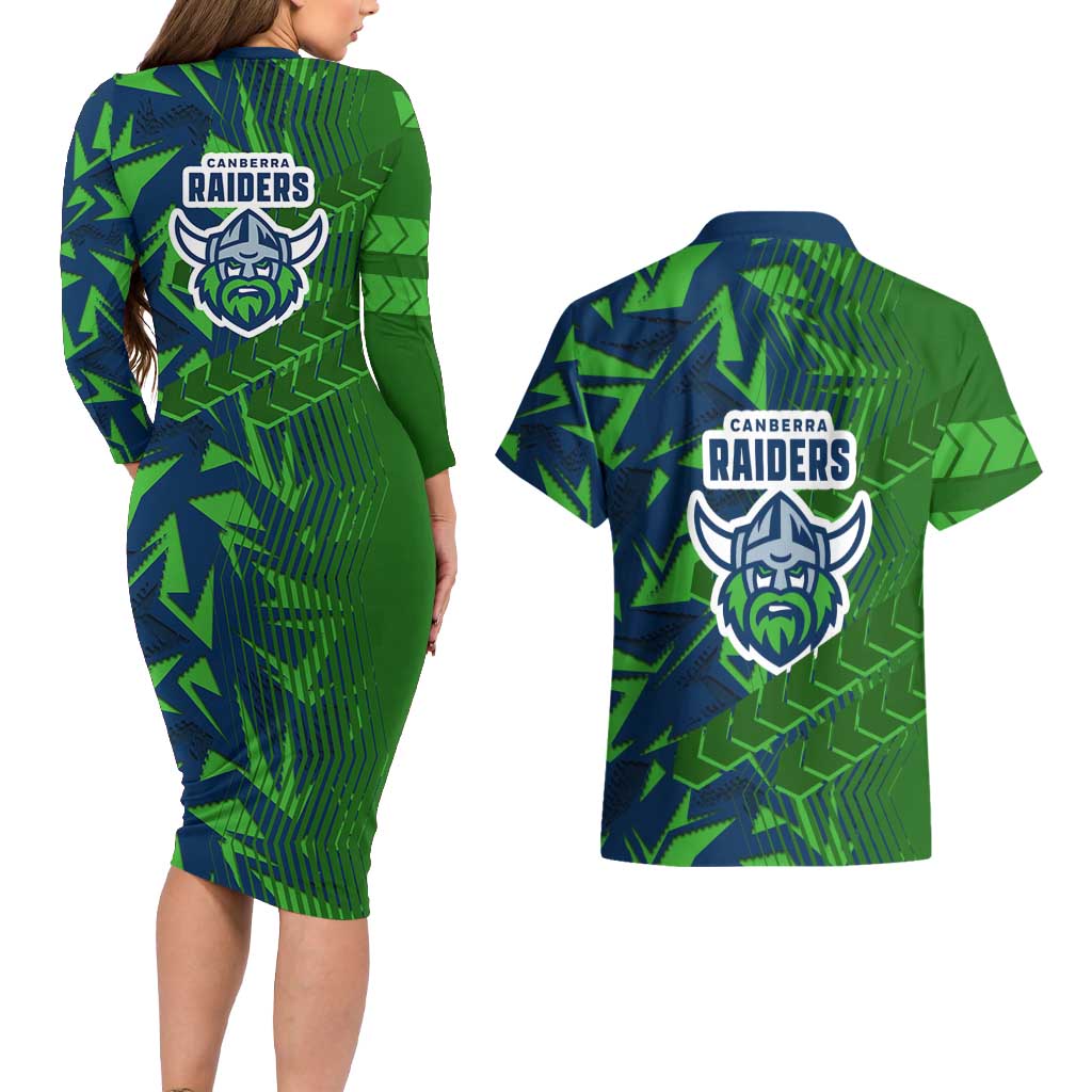 Canberra Raiders Rugby Couples Matching Long Sleeve Bodycon Dress and Hawaiian Shirt Fierce Mascot Geometric Tribal Art
