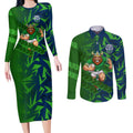Canberra Raiders Rugby Couples Matching Long Sleeve Bodycon Dress and Long Sleeve Button Shirt Fierce Mascot Geometric Tribal Art