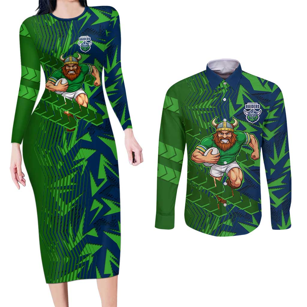 Canberra Raiders Rugby Couples Matching Long Sleeve Bodycon Dress and Long Sleeve Button Shirt Fierce Mascot Geometric Tribal Art
