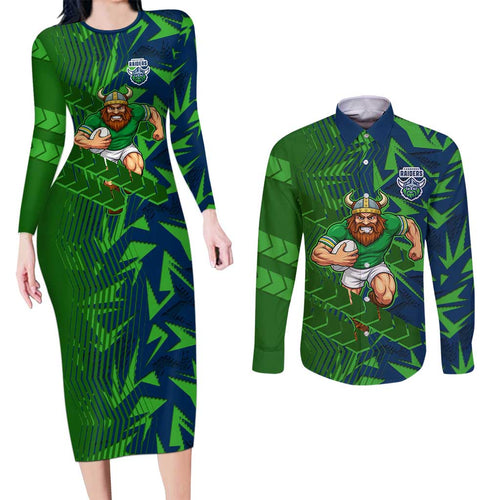Canberra Raiders Rugby Couples Matching Long Sleeve Bodycon Dress and Long Sleeve Button Shirt Fierce Mascot Geometric Tribal Art