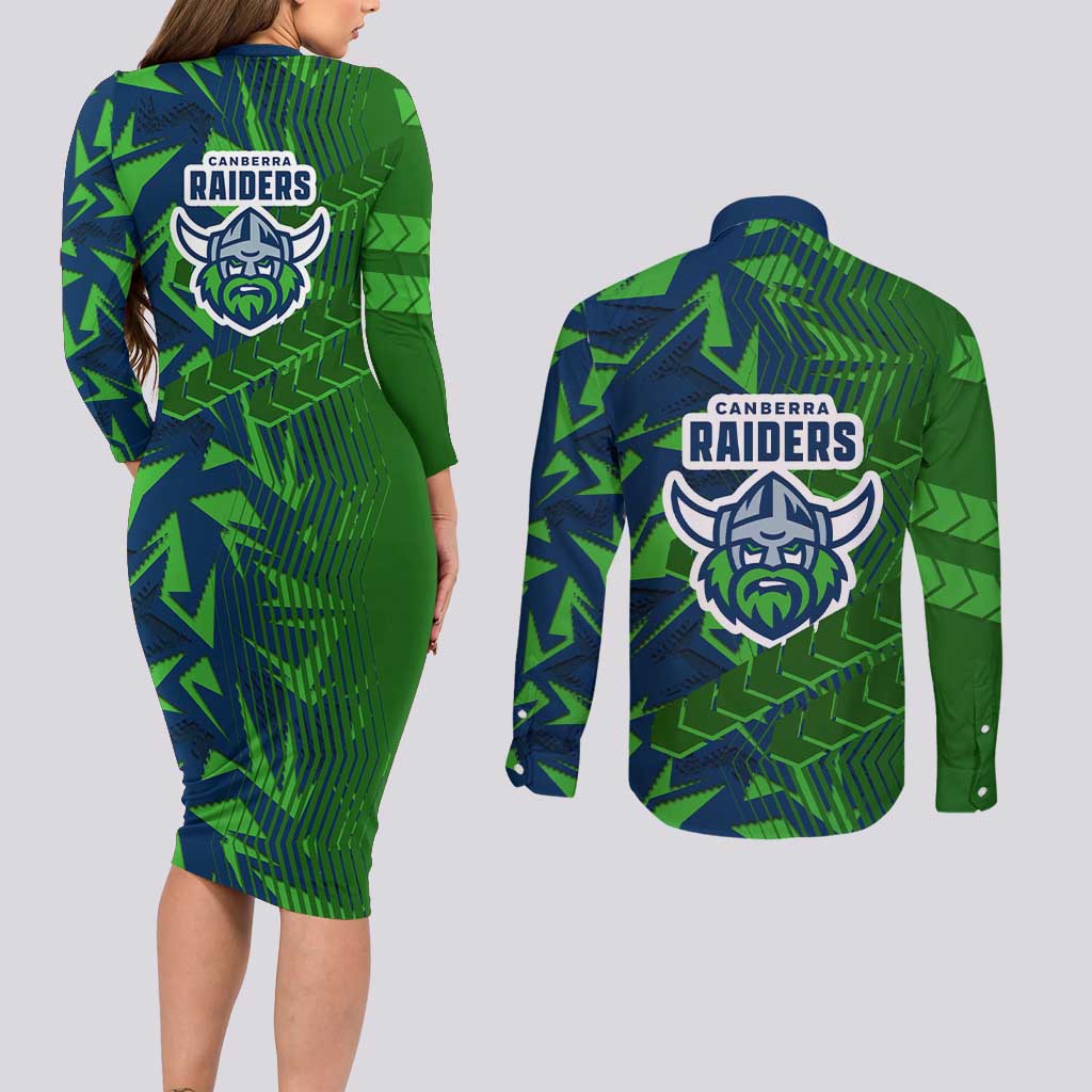 Canberra Raiders Rugby Couples Matching Long Sleeve Bodycon Dress and Long Sleeve Button Shirt Fierce Mascot Geometric Tribal Art