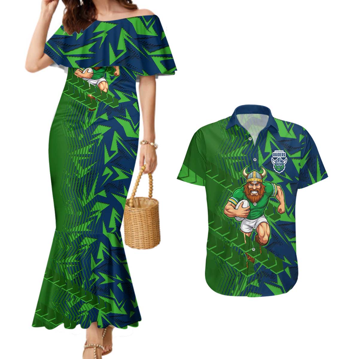 Canberra Raiders Rugby Couples Matching Mermaid Dress and Hawaiian Shirt Fierce Mascot Geometric Tribal Art