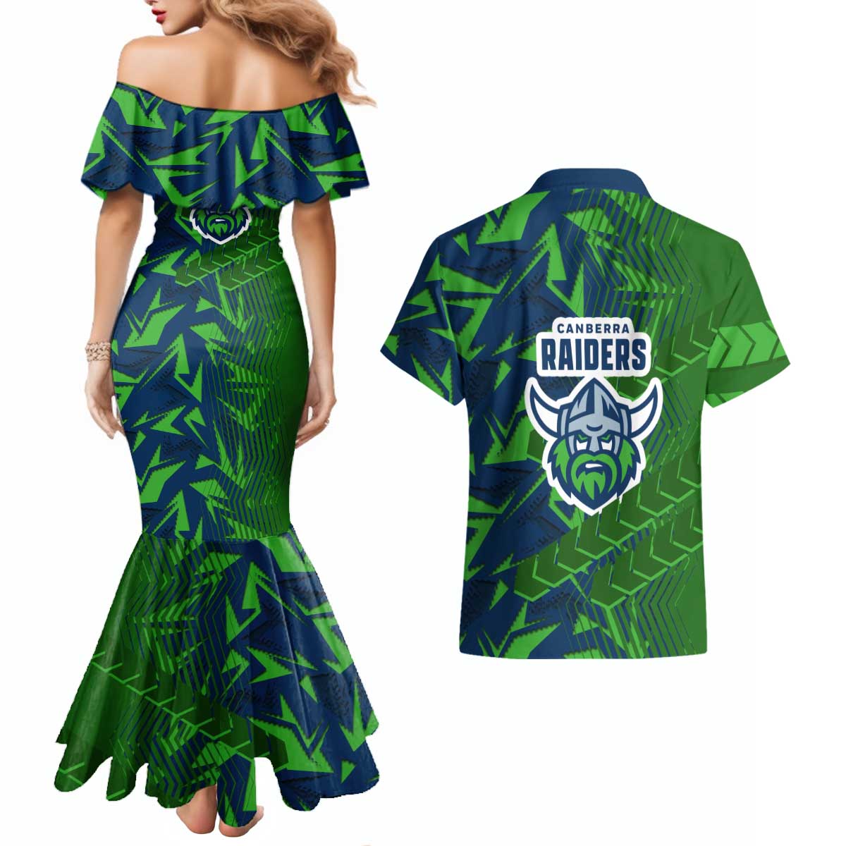 Canberra Raiders Rugby Couples Matching Mermaid Dress and Hawaiian Shirt Fierce Mascot Geometric Tribal Art