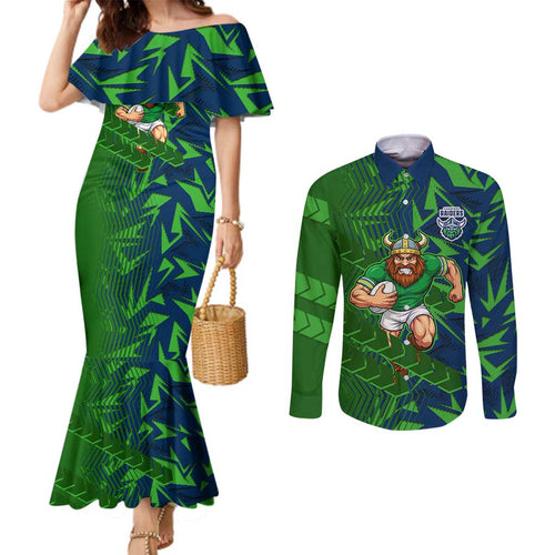 Canberra Raiders Rugby Couples Matching Mermaid Dress and Long Sleeve Button Shirt Fierce Mascot Geometric Tribal Art
