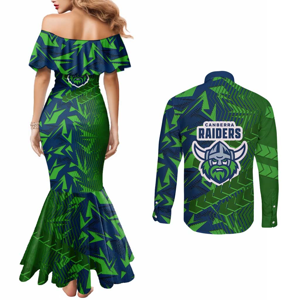 Canberra Raiders Rugby Couples Matching Mermaid Dress and Long Sleeve Button Shirt Fierce Mascot Geometric Tribal Art