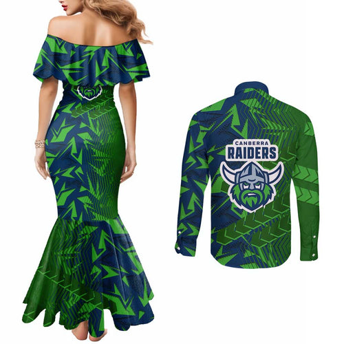 Canberra Raiders Rugby Couples Matching Mermaid Dress and Long Sleeve Button Shirt Fierce Mascot Geometric Tribal Art