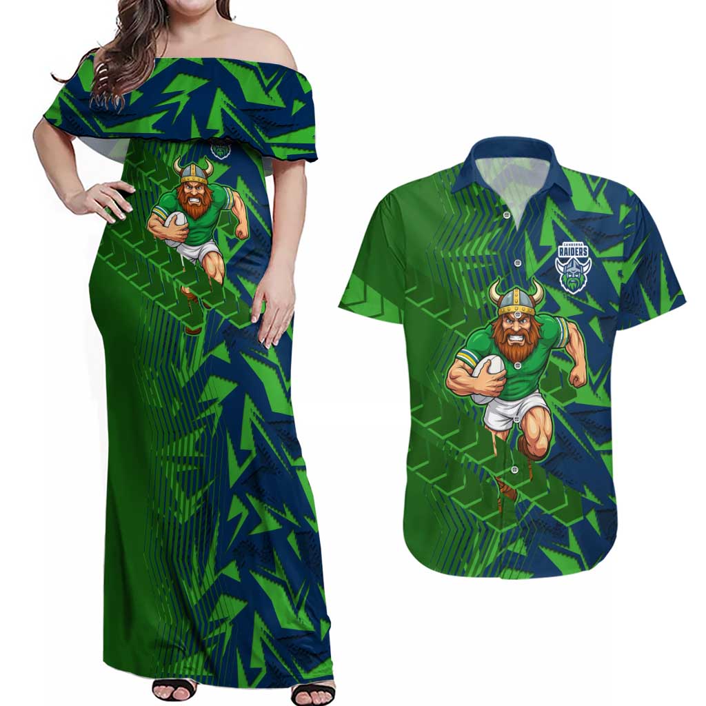 Canberra Raiders Rugby Couples Matching Off Shoulder Maxi Dress and Hawaiian Shirt Fierce Mascot Geometric Tribal Art