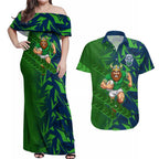 Canberra Raiders Rugby Couples Matching Off Shoulder Maxi Dress and Hawaiian Shirt Fierce Mascot Geometric Tribal Art
