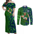 Canberra Raiders Rugby Couples Matching Off Shoulder Maxi Dress and Long Sleeve Button Shirt Fierce Mascot Geometric Tribal Art