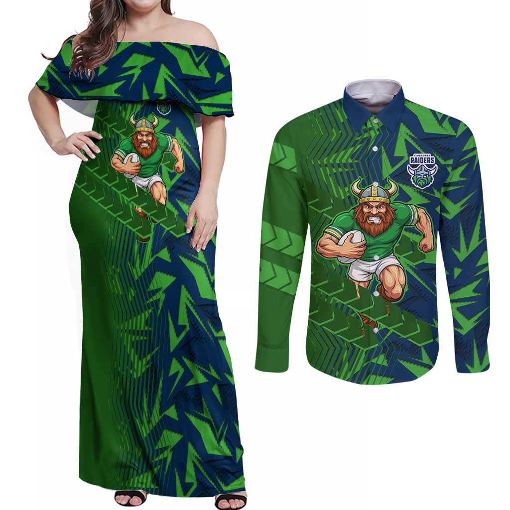 Canberra Raiders Rugby Couples Matching Off Shoulder Maxi Dress and Long Sleeve Button Shirt Fierce Mascot Geometric Tribal Art