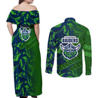 Canberra Raiders Rugby Couples Matching Off Shoulder Maxi Dress and Long Sleeve Button Shirt Fierce Mascot Geometric Tribal Art