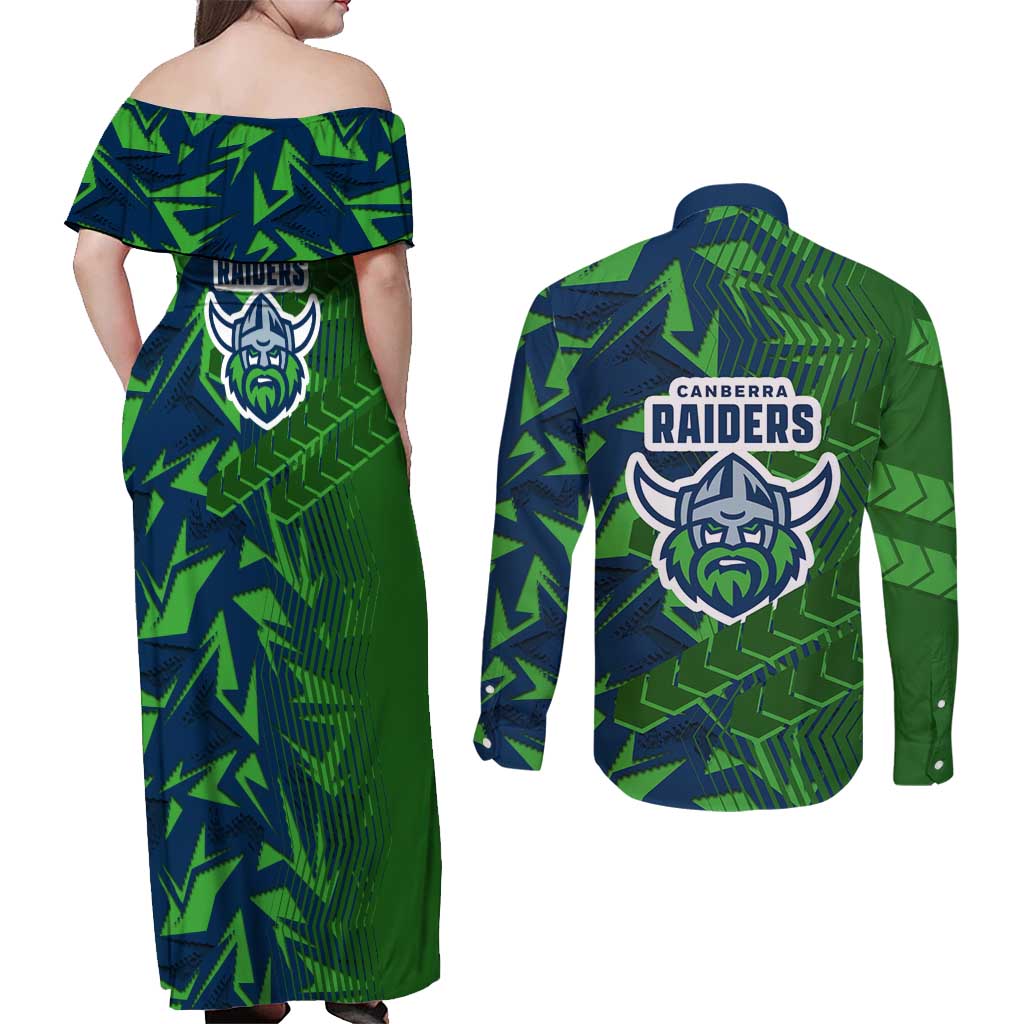 Canberra Raiders Rugby Couples Matching Off Shoulder Maxi Dress and Long Sleeve Button Shirt Fierce Mascot Geometric Tribal Art