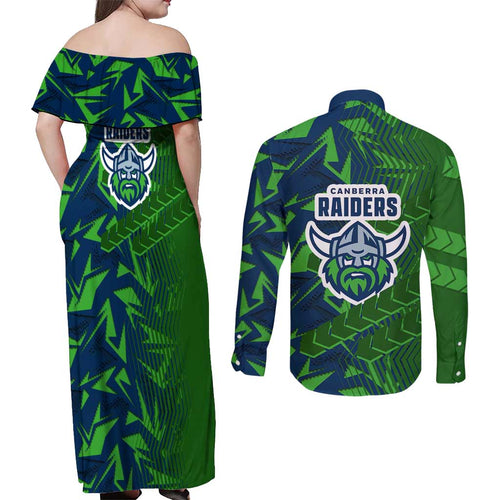 Canberra Raiders Rugby Couples Matching Off Shoulder Maxi Dress and Long Sleeve Button Shirt Fierce Mascot Geometric Tribal Art