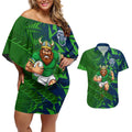 Canberra Raiders Rugby Couples Matching Off Shoulder Short Dress and Hawaiian Shirt Fierce Mascot Geometric Tribal Art