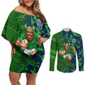 Canberra Raiders Rugby Couples Matching Off Shoulder Short Dress and Long Sleeve Button Shirt Fierce Mascot Geometric Tribal Art