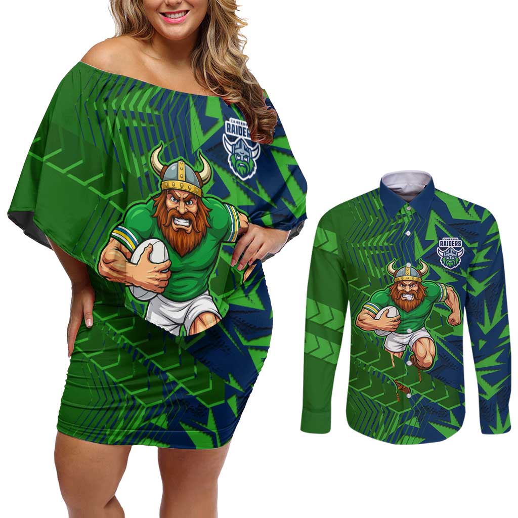 Canberra Raiders Rugby Couples Matching Off Shoulder Short Dress and Long Sleeve Button Shirt Fierce Mascot Geometric Tribal Art