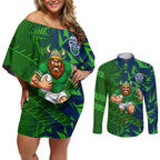 Canberra Raiders Rugby Couples Matching Off Shoulder Short Dress and Long Sleeve Button Shirt Fierce Mascot Geometric Tribal Art