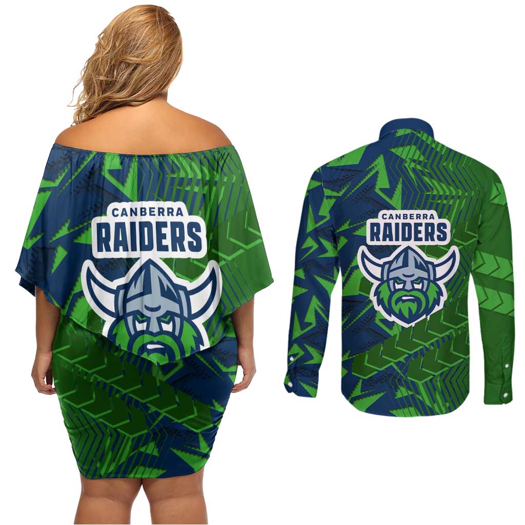 Canberra Raiders Rugby Couples Matching Off Shoulder Short Dress and Long Sleeve Button Shirt Fierce Mascot Geometric Tribal Art