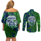 Canberra Raiders Rugby Couples Matching Off Shoulder Short Dress and Long Sleeve Button Shirt Fierce Mascot Geometric Tribal Art